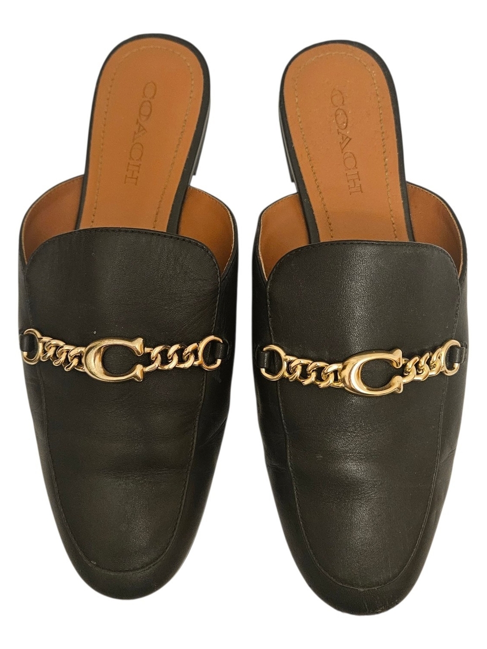 Coach Sofi Black Leather Mule Slides Gold Chain Accent FG4186 Office Careerwear